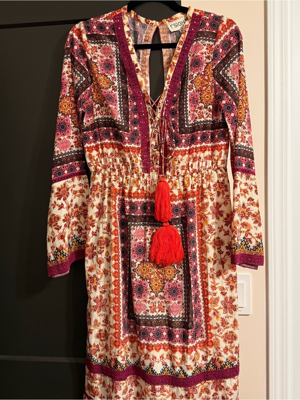Boho Printed Tassel Tie Dress in Cream, Pink & Orange
